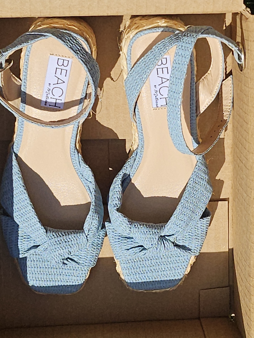 BEACH Merci Sky Blue Knotted Espadrille Wedge Sandals Size 8 New